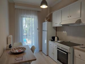 uma cozinha com uma mesa e um frigorífico branco em Eva's apartment em Caristo