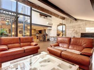 a living room with two leather couches and a table at Pygmalion appartement in Avignon