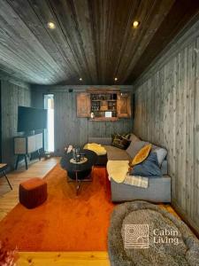 een woonkamer met een bank en een tafel bij Brand new cabin at Moseteråsen Hafjell Ski inout in Øyer