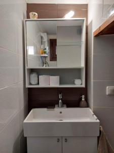 a bathroom with a white sink and a mirror at Traditional House "Elisavet" in Próti