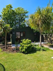 a small black house with palm trees in a yard at Picturesque Cabin in Cornwall in Camborne