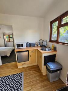 a kitchen with a sink and a tv in a room at Picturesque Cabin in Cornwall in Camborne