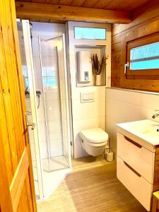 uma casa de banho com um WC, um chuveiro e um lavatório. em Thüringer Blockhaus 