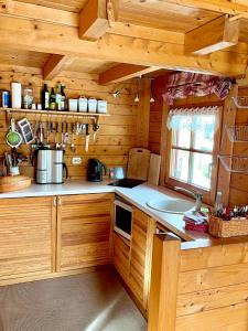 uma cozinha num chalé de madeira com um lavatório em Thüringer Blockhaus 