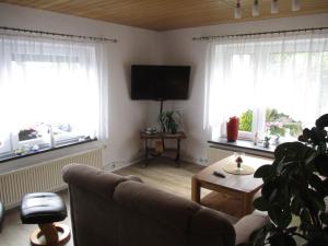 - un salon avec un canapé et 2 fenêtres dans l'établissement Ferienwohnung in Hameln am Wald, à Hameln