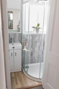 ein Badezimmer mit Glasdusche und Waschbecken in der Unterkunft Eden Cottage - 9 Guests, Sea Views, Central Cowes, Ferry Deal in Cowes + 22 Fotos