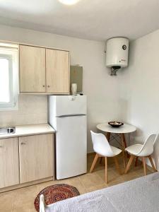 a kitchen with a refrigerator and a table and chairs at RIZES ELIAS PRIVATE STUDIO in Isterni
