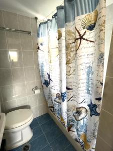 a bathroom with a toilet and a shower curtain at RIZES ELIAS PRIVATE STUDIO in Isterni