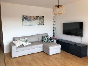 salon z kanapą i telewizorem z płaskim ekranem w obiekcie Bałtycki Chill - apartament z możliwością Home Office w mieście Gdynia