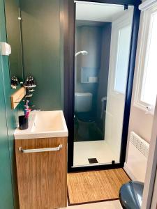 La salle de bains est pourvue d'un lavabo et d'une douche avec un miroir. dans l'établissement Mobil Home excellence 6 personnes au camping Siblu Mer et Soleil, Saint George d'Oléron, à Les Sables Vignier