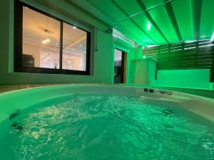 a large tub in a green bathroom with a window at loft romantique spa in Nice