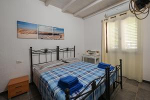 a bedroom with a bed with blue sheets and a window at B&B Su Neulagi in Triei