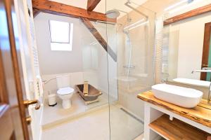 een badkamer met een douche, een toilet en een wastafel bij FLH - Limette Home in Sibiu +43 foto's