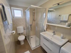a bathroom with a toilet and a shower and a sink at Apartment Padova I and II in Rab