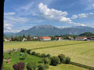 a green field with a mountain in the background at Oberaudorf-Kaiserblick in Oberaudorf