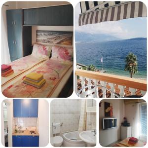 a collage of photos of a bedroom with the ocean at Apartmani Kalinic in Bijela