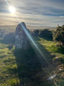 a beam of light shining on a rock in a field at Penrallt-Fach Traditional Welsh cottage Pembrokeshire in Mynachlogddu