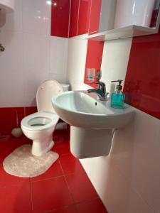 a red and white bathroom with a toilet and a sink at Chata Zemplin in Kaluža +34 photos