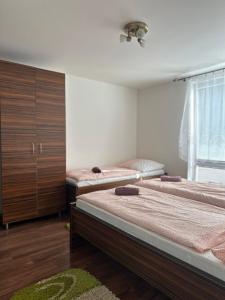 1 Schlafzimmer mit 2 Betten und einem großen Fenster in der Unterkunft Chata Zemplin in Kaluža