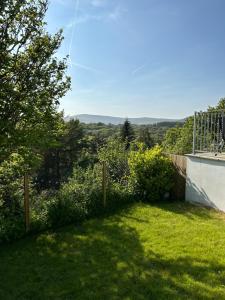 a view of a yard with a fence and grass at Penrallt-Fach Traditional Welsh cottage Pembrokeshire in Mynachlogddu