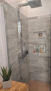 een douche met een glazen deur in de badkamer bij Murcarolo in Genua