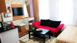 a living room with a red couch and a tv at Grafen Hotel in Istanbul