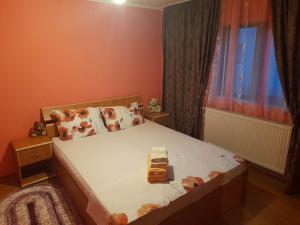 a bedroom with a large bed with a window and a bed sidx sidx at Casa G in Douăzeci şi Trei August