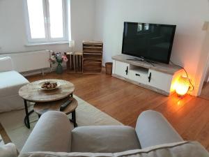 ein Wohnzimmer mit einem TV, einem Sofa und einem Tisch in der Unterkunft Wohnen in der Bürgermeistervilla in Hamburg