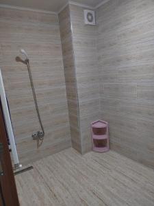 baño con cabina de ducha con taburete rosa en La belle vue, en Bouisseville