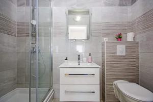 y baño con aseo, lavabo y ducha. en Apartmani Tomaš en Tučepi