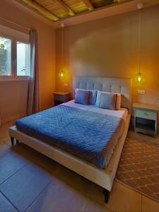 a bedroom with a large bed with a blue comforter at Gratelia Apartment Damnoni in Dhamnóni