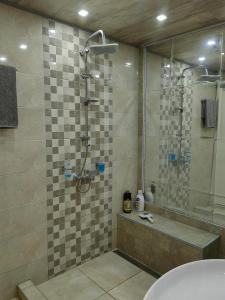 La salle de bains est pourvue d'une douche et d'un lavabo. dans l'établissement Premium Urban Life, à Zaječar