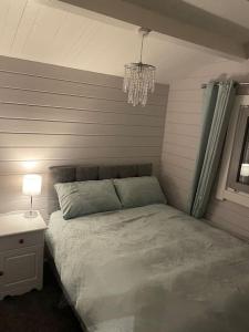 a bedroom with a bed and a chandelier at Country Cabin Omagh in Omagh