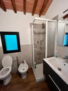 La salle de bains est pourvue de toilettes, d'une douche et d'un lavabo. dans l'établissement La Casina, à L'Ugolino