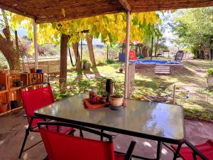 einen Tisch und Stühle auf einer Terrasse mit Blick auf den Hof in der Unterkunft La Pepita in Ciudad Lujan de Cuyo