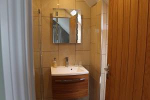 a bathroom with a sink and a mirror at Boutique double room with countryside views in Wilby