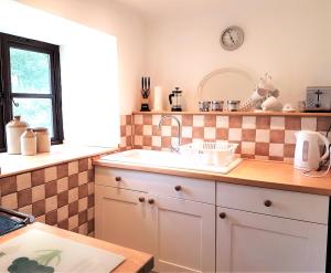 a kitchen with a sink and a counter top at Old Bake House Cottage @ Cwm Mill in Michaelchurch Escley