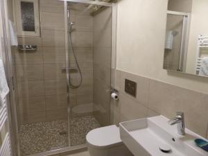 a bathroom with a shower and a toilet and a sink at Ferienwohnungen in Schönmünzach in Baiersbronn