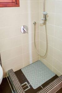 a bathroom with a shower with a tiled floor at Το Μεγάλο Αμπέλι in Megalokhori