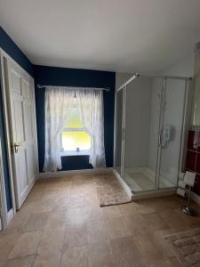 baño con ducha y ventana con puerta de cristal. en The Rathmore House, en Roscommon