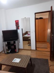 APARTMENT Bjelave في سراييفو: غرفة معيشة مع تلفزيون بشاشة مسطحة وطاولة