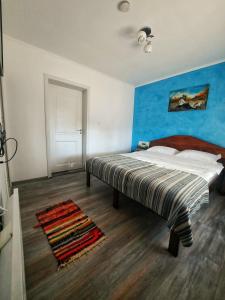 ムリギオルにあるCasa din Deltaの青い壁のベッドルーム1室(大型ベッド1台付)