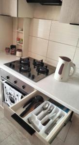 a kitchen with a stove and a jug on a counter at Однокімнатна квартира Olympya біля парку Героїв Майдану in Luts'k