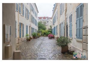 un callejón con macetas y edificios en una calle en L'essence du cachet, en Saint-Germain-en-Laye