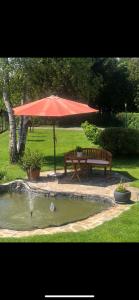 ein Picknicktisch und ein roter Regenschirm neben einem Teich in der Unterkunft Ferienwohnung Eva in Mureck