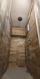 ein Bad mit einer Dusche und einer Holzwand in der Unterkunft Argonauti Rooms Retreat in Pistoia