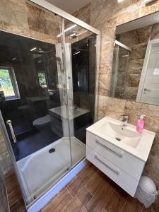 een badkamer met een douche en een wastafel bij Dom Nad Jeziorem Trzy Tonie 