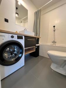 La salle de bains est pourvue d'un lave-linge et de toilettes. dans l'établissement Apartament Zbożowa, à Toruń