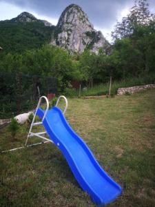 a blue slide in a field with a mountain in the background at Odmaralište Vlaško ždrelo in Pirot