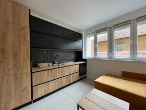 una cocina con armarios negros y fregadero en Apartment Monaliza, en Pirot